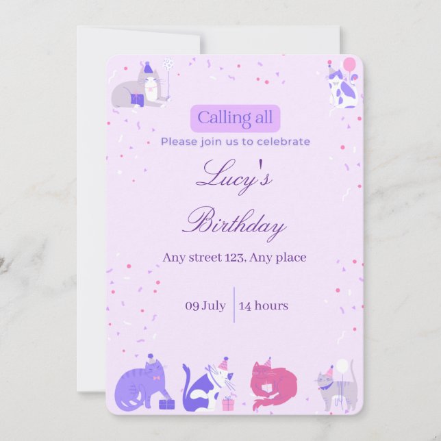 Pastel Girl Cat Invite Inbjudningar (Framsida)