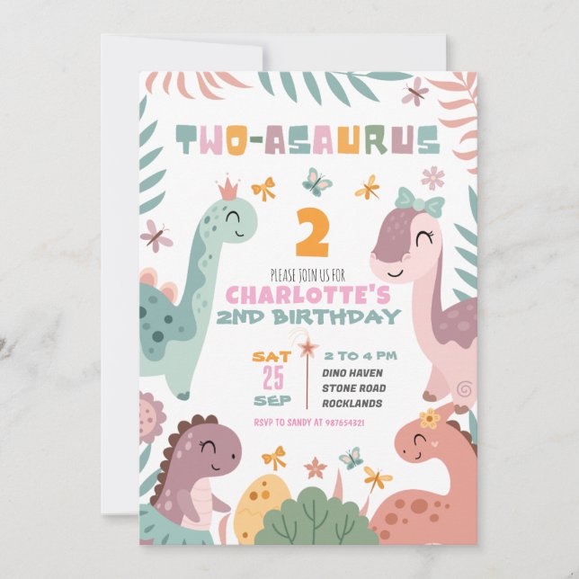 Pastel Girl Dinosaur 2nd Birthday Invitation Inbjudningar (Framsida)