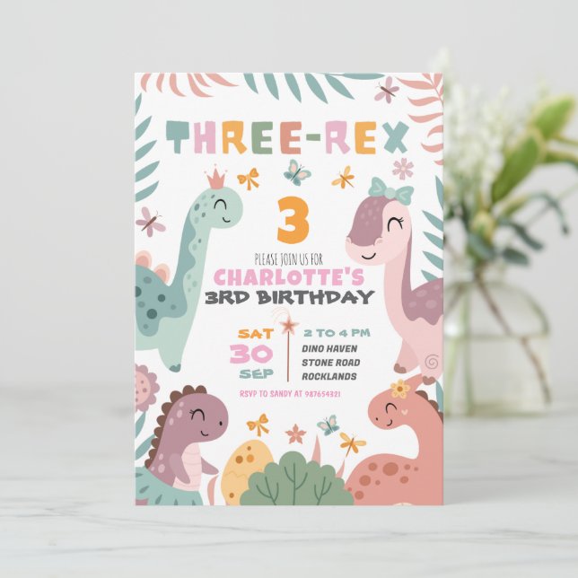 Pastel Girl Dinosaur 3rd Birthday Invitation Inbjudningar (Stående Fram)