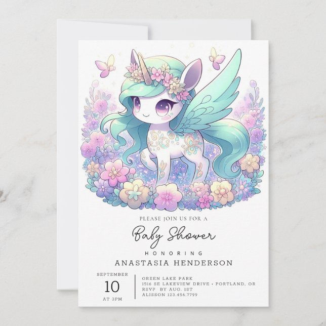 Pastel Girl Unicorn Baby Shower Inbjudningar (Framsida)