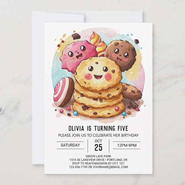 Pastel Girly Simple Cookies Birthday Inbjudningar (Framsida)