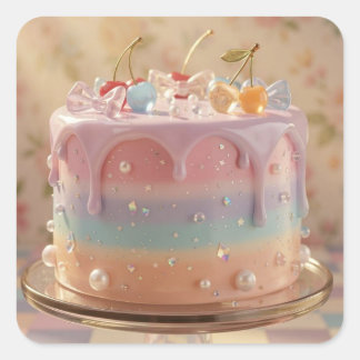 Pastel Glass Food Aesthetic Rainbow Birthday Cake Fyrkantigt Klistermärke
