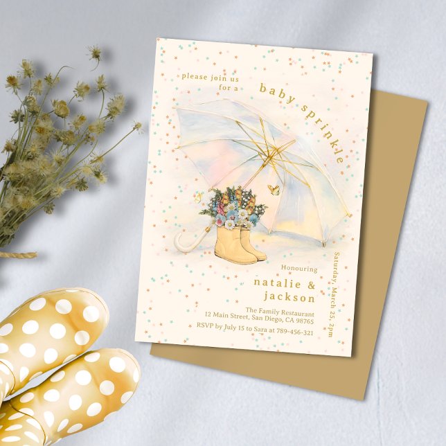 Pastel Glitter Parbrella Blommigt Boots Baby Sprin Inbjudningar (Pastel Glitter Umbrella Floral Boots Baby Sprinkle Invitation)