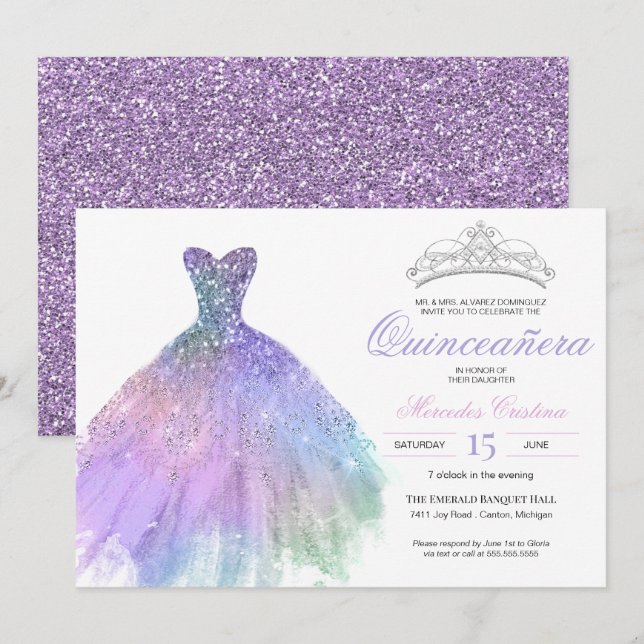 Pastel Glitter Sjöjungfru Unicorn Rainbow Quinceañ Inbjudningar (Fram/baksida)