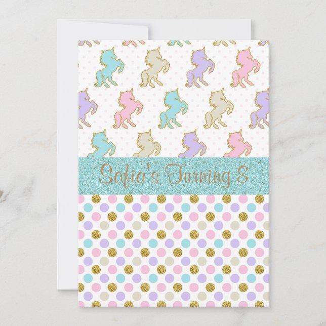 Pastel Glitter Unicorn Polka-inbjudningar till pri Inbjudningar (Framsida)