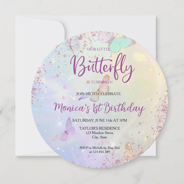 Pastel Glittter Butterfly Flicka 1:a födelsedagen (Framsida)