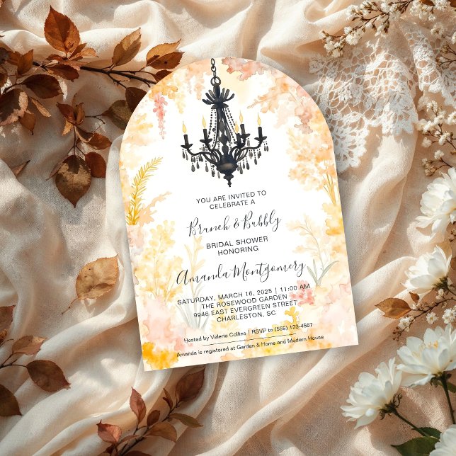 Pastel Gold Chic Floral Chandelier Bridal Shower Inbjudningar (Pastel Gold Chic Elegant Floral Vintage Chandelier Bridal Shower Wedding Invitations Cards. )