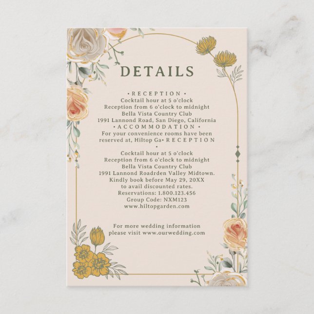Pastel Gold Floral Wedding Enclosure Card  Tilläggskort (Framsida)