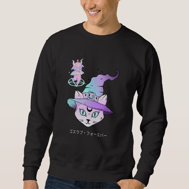 Pastel Goth Aesthetic Cute Creepy Witch Cat And Go Lång Ärmad Tröja (Framsida)