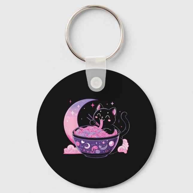 Pastel Goth Aesthetic Kawaii Cat Eating Ramen Nood Nyckelring (Framsida)