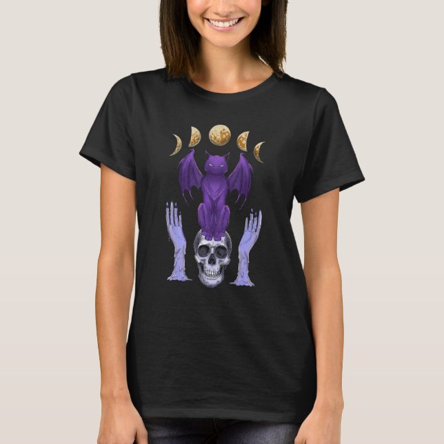 Pastel Goth Cat Skull Candles Måne Phases Creepy C T Shirt (Framsida)