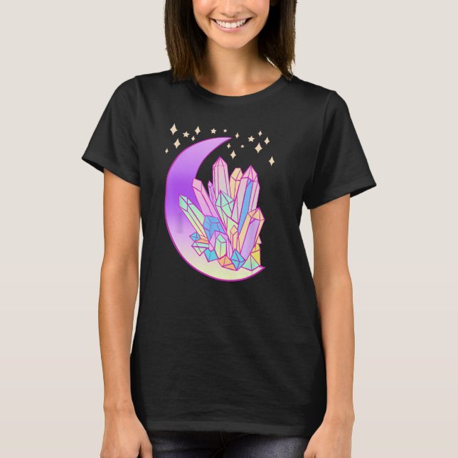 Pastel Goth Crystal Cluster Glowing Måne Witch T Shirt (Framsida)