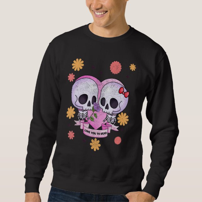 Pastel Goth Cute Creepy Skull Skeleton Love you to Lång Ärmad Tröja (Framsida)