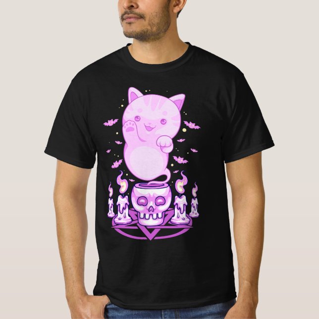 Pastel Goth Ghost Cat Boo Halloween Kitten Aesthet T Shirt (Framsida)