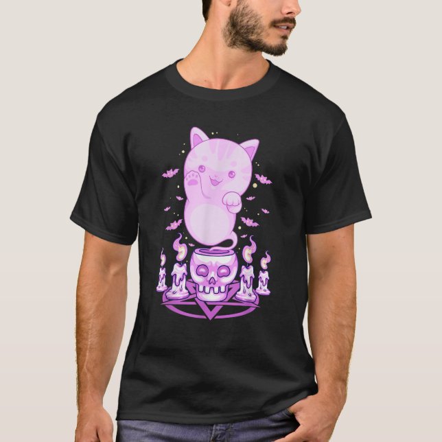 Pastel Goth Ghost Cat Boo Halloween Kitten Aesthet T Shirt (Framsida)