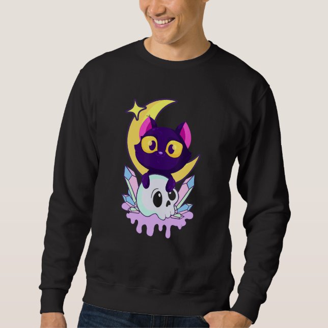 Pastel Goth Måne Wiccan Animal Cat Skull Lång Ärmad Tröja (Framsida)