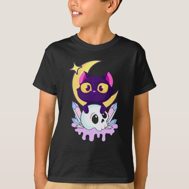 Pastel Goth Måne Wiccan Animal Cat Skull T Shirt (Framsida)