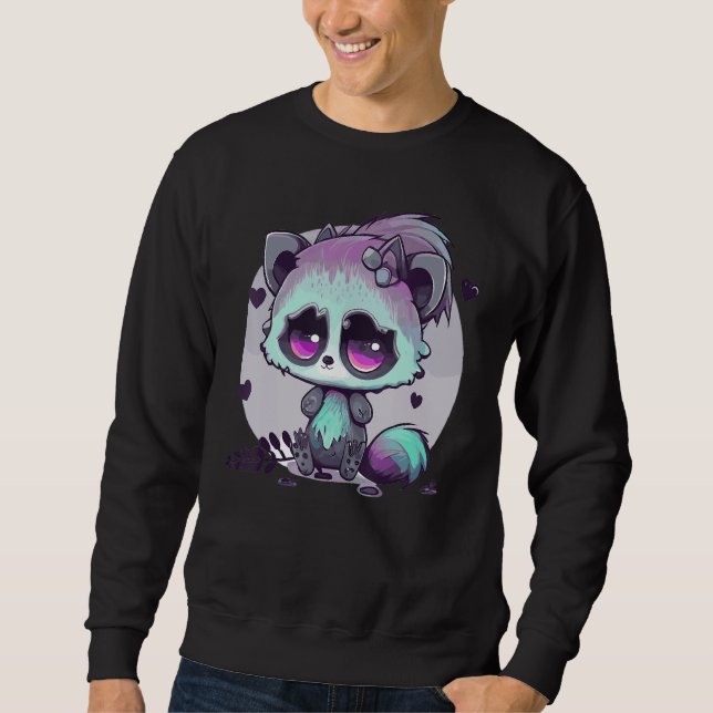 Pastel Goth Raccoon Creepy Cute Menhera Gothic Lång Ärmad Tröja (Framsida)