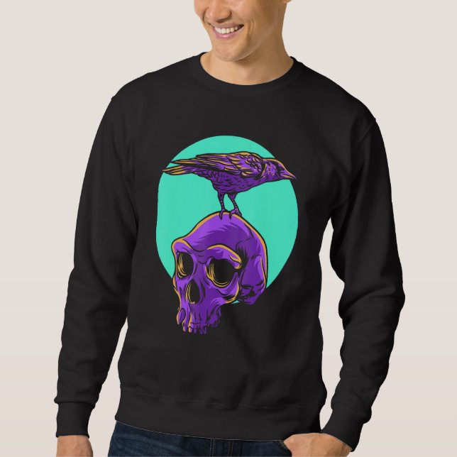 Pastel Goth Raven Kråka Skull Emo Punk Gothic Bird Lång Ärmad Tröja (Framsida)