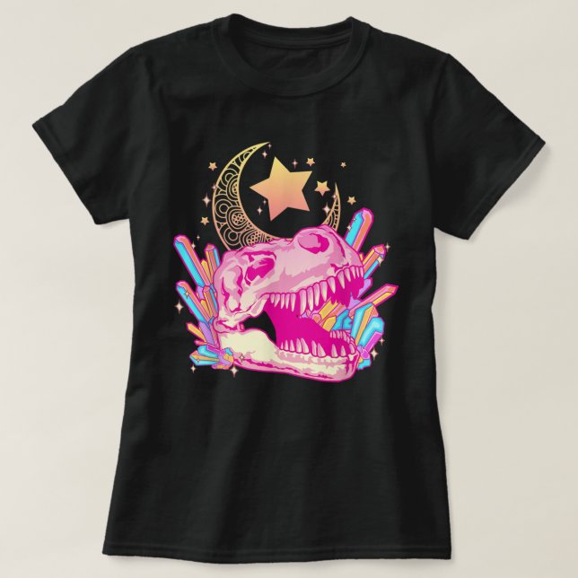 Pastel Goth T-Rex Skull Crystal Crescent Måne Aest T Shirt (Design framsida)