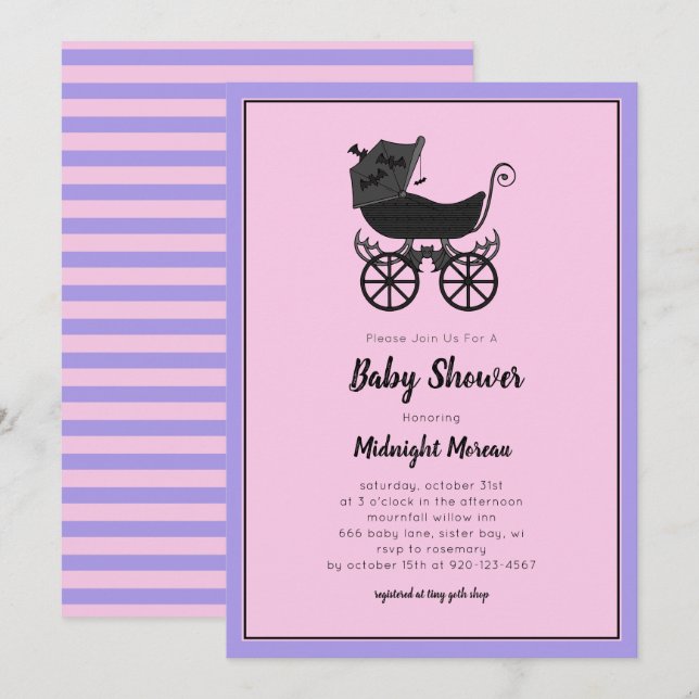 Pastel Gothic Fladdermus Baby Shower Barnvagn Inbjudningar (Fram/baksida)