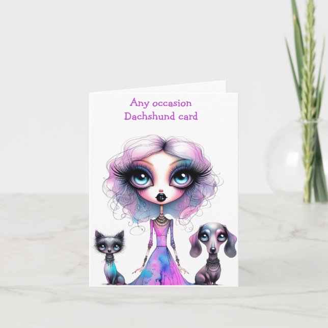 Pastel Gothic Girl med Dachshund- och kundkort Kort (Framsida)