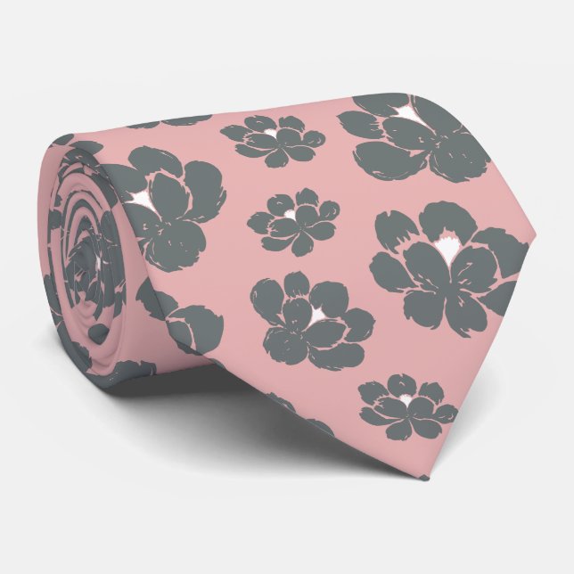 Pastel Grått Rosa Blommigt Neck Tie Slips (Rullad)