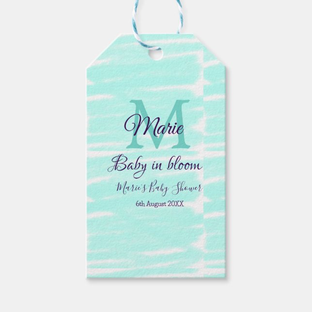 Pastel green baby in bloom monogram baby shower te presentetikett (Framsidan)