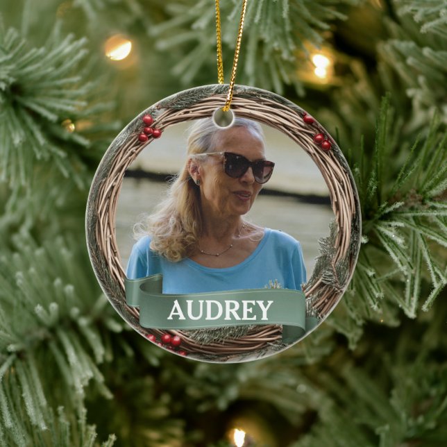 Pastel Green Grapevine Wreath ANY Photo Julgransprydnad Keramik (Träd)