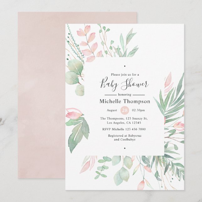 Pastel  Greenery Baby Shower Inbjudningar (Fram/baksida)