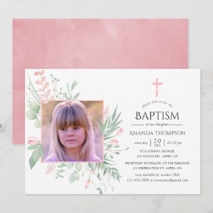 Pastel Greenery Baptism eller Christening Inbjudningar