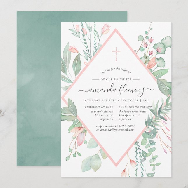 Pastel  Greenery Baptism eller Christening Inbjudningar (Fram/baksida)