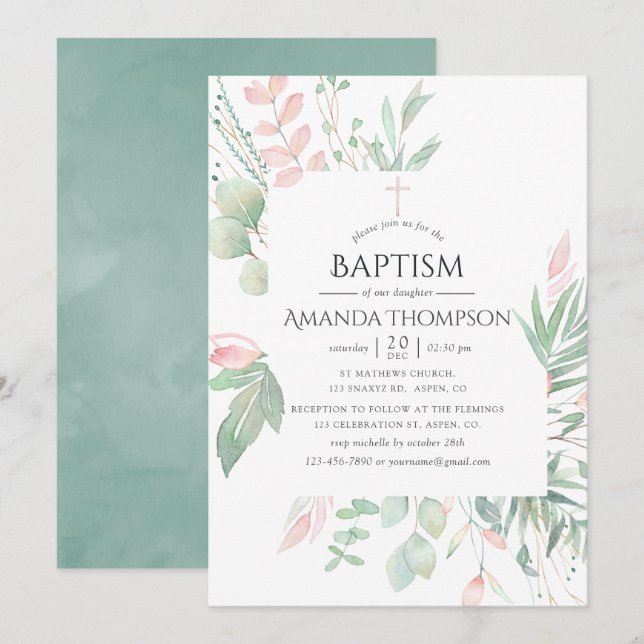 Pastel  Greenery Baptism eller Christening Inbjudningar (Fram/baksida)
