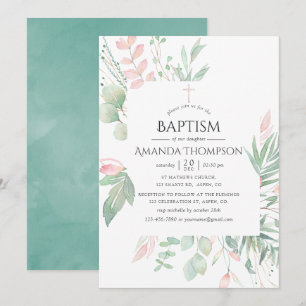 Pastel Greenery Baptism eller Christening Inbjudningar