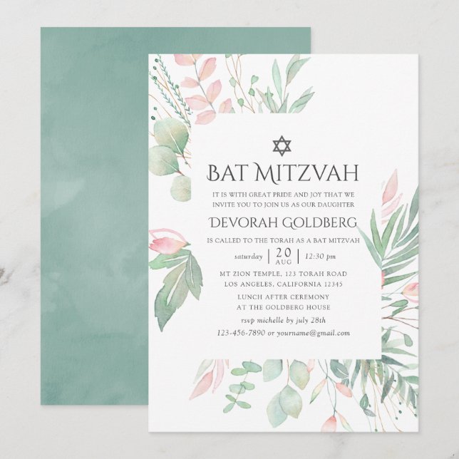 Pastel  Greenery Bat mitzvah Inbjudningar (Fram/baksida)