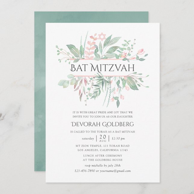 Pastel  Greenery Bat mitzvah Inbjudningar (Fram/baksida)