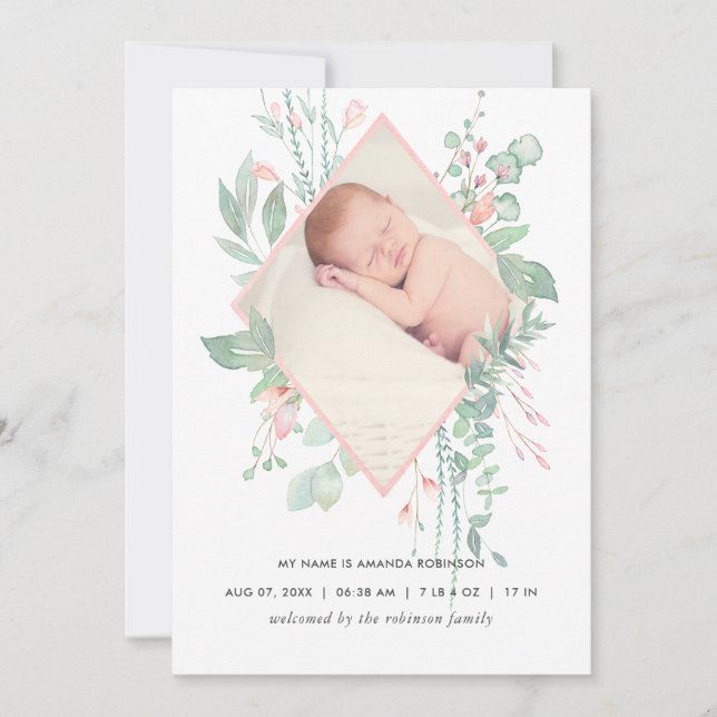 Pastel  Greenery Birth-annons Card Meddelande (Framsida)