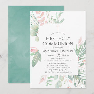 Pastel Greenery First Heliga Communion Inbjudningar