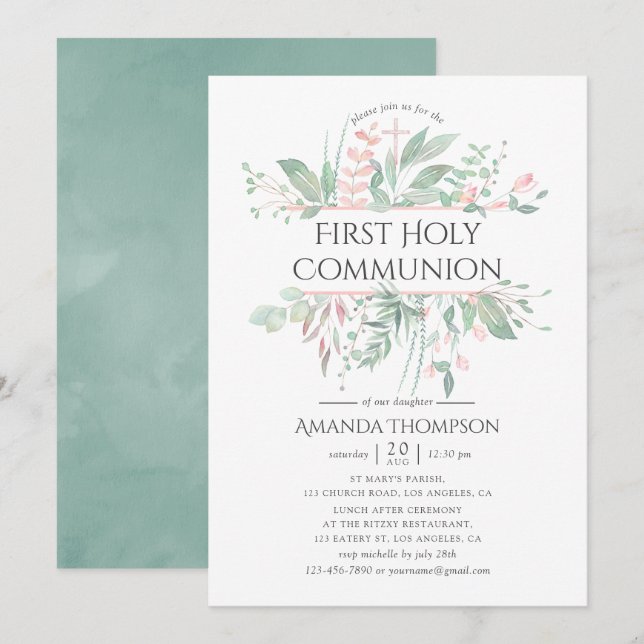 Pastel  Greenery First Heliga Communion Inbjudningar (Fram/baksida)