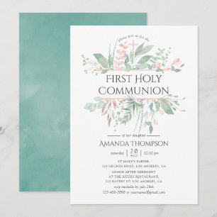 Pastel Greenery First Heliga Communion Inbjudningar