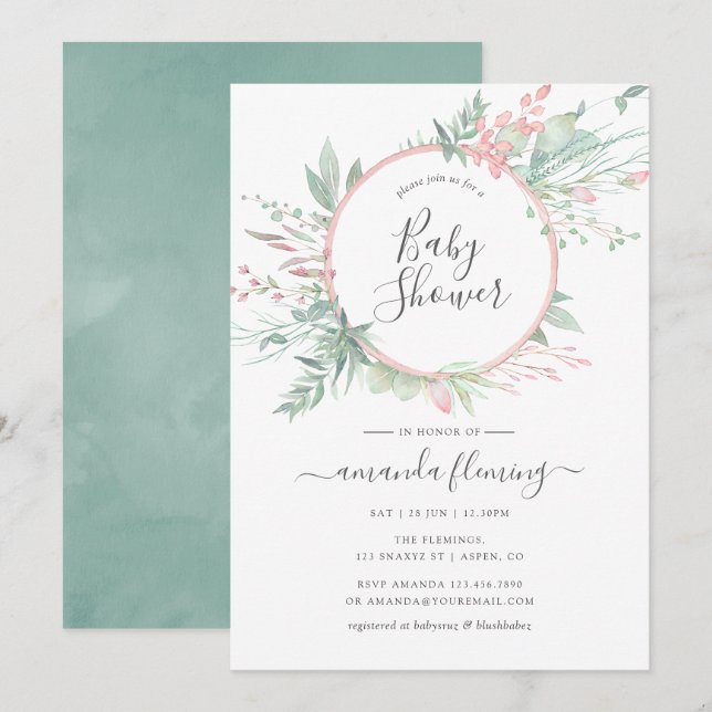 Pastel  Greenery Geometric Baby Shower Inbjudningar (Fram/baksida)