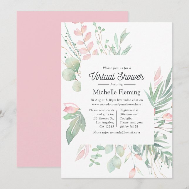 Pastel  Greenery Virtuell babystövel Inbjudningar (Fram/baksida)