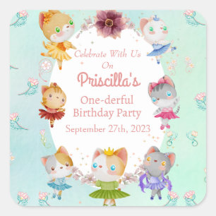 Pastel Grönt All Ballerina Cat Barns födelsedag Pa Fyrkantigt Klistermärke