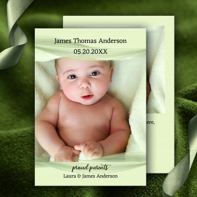 Pastel Grönt Baby Photo Birth Notice Tack Kort (Baby birth announcement card featuring a photo of your own baby framed by an elegant green design.)