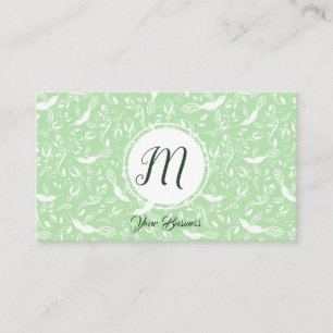 Pastel Grönt Blommigt Fåglar Trendiget Monogram In Visitkort