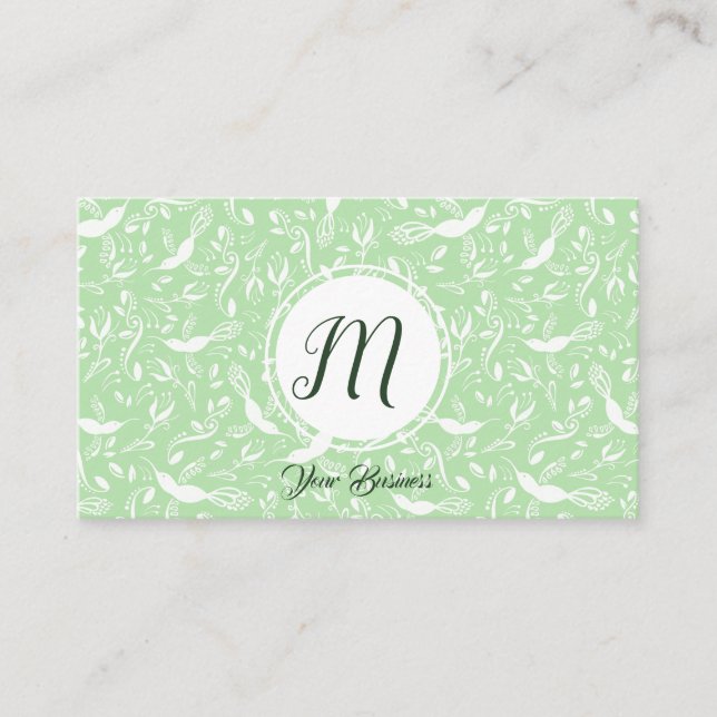 Pastel Grönt Blommigt Fåglar Trendiget Monogram In Visitkort (Framsida)