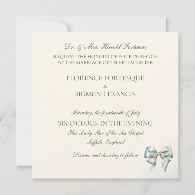Pastel Grönt Bow Vintage 1940-talets bröllopsinbju Inbjudningar (Baksida)