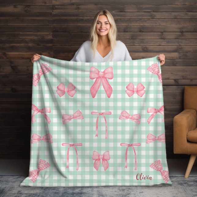 Pastel Grönt Gingham Rosa Bow Fleece Blanket (Skapare uppladdad)