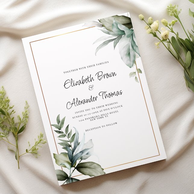 Pastel grönt guld vackra löv blommigt bröllop inbjudningar (Pastel green gold beautiful leaves floral wedding)