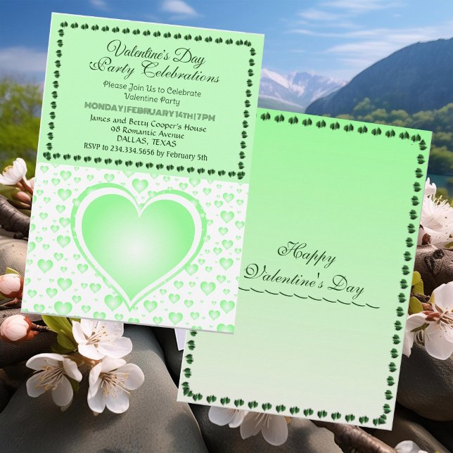 Pastel Grönt Rining Hearts Valentine Day Party Inbjudningar (Pastel Green Raining Hearts Valentine's Day Party Invitation)